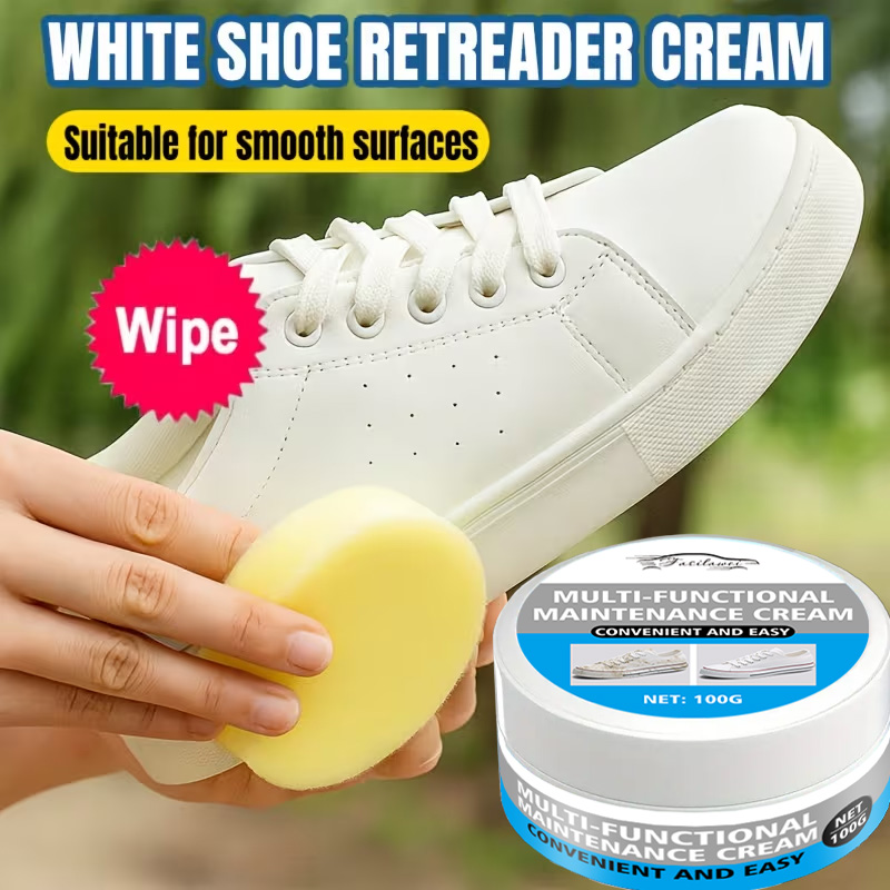 Leather Shoe Polish - ครีมขัดรองเท้าขาวพร้อมฟองน้ำ: ทำให้รองเท้าผ้าใบ/รองเท้าบูท/หนังเทียมเงางาม—ใช้ได้หลากหลาย นุ่มนวลต่อวัสดุที่ละเอียดอ่อน